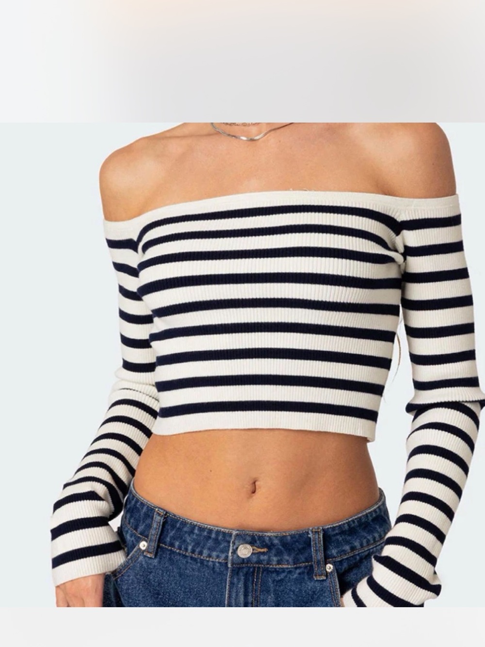Edikted Navy and White Striped Off-Shoulder Crop Sweater